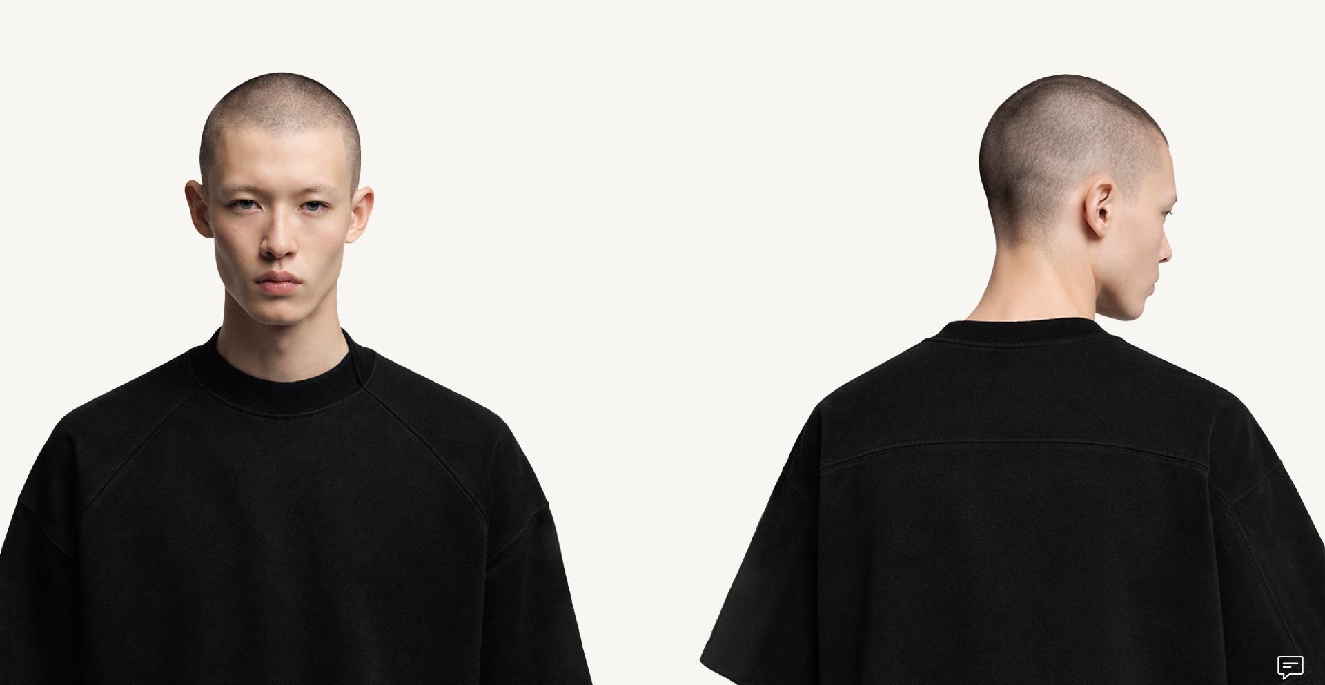 Close-up of the Core Tee Oversized in Black Onyx, seen from the front and the back