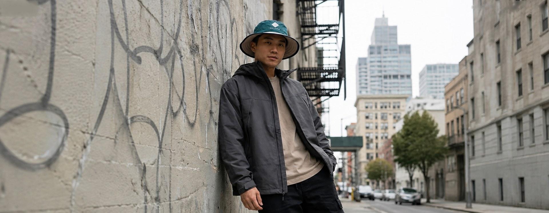 Model wearing the SALAKA Boonie Hat against a graffitied wall on a city street